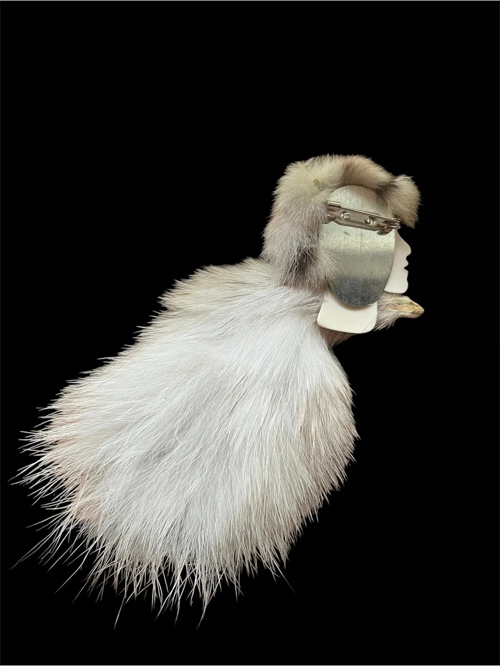 Vintage Ceramic Woman Wearing Mink Real Fur Brooch Lady Face‎ Art Deco Painted